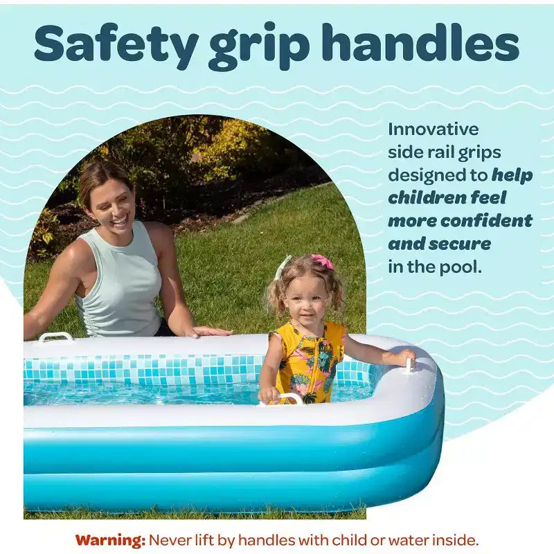 Jasonwell Piscine Gonflable 2 en 1 pour Enfants 65x39x10, Fond Coussiné Doux, Poignées, Vidange, Piscine Rectangulaire Peu Profonde pour Enfants de 2 ans et plus, Bleu Été