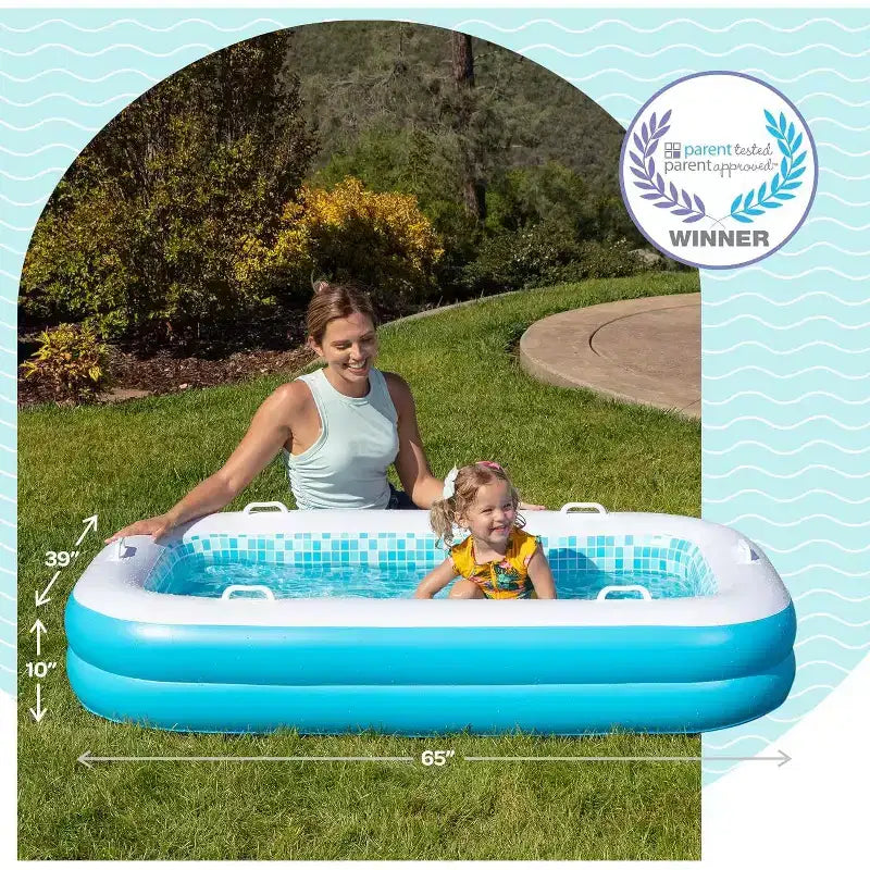 Jasonwell Piscine Gonflable 2 en 1 pour Enfants 65x39x10, Fond Coussiné Doux, Poignées, Vidange, Piscine Rectangulaire Peu Profonde pour Enfants de 2 ans et plus, Bleu Été