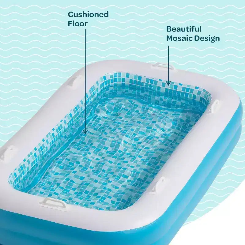 Jasonwell Piscine Gonflable 2 en 1 pour Enfants 65x39x10, Fond Coussiné Doux, Poignées, Vidange, Piscine Rectangulaire Peu Profonde pour Enfants de 2 ans et plus, Bleu Été
