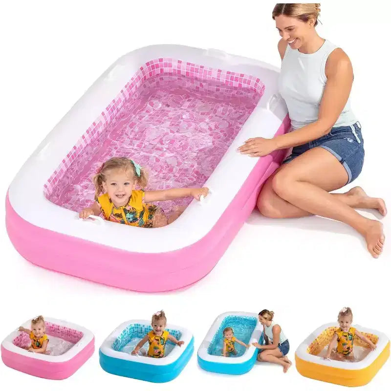 Jasonwell 2-in-1 Inflatable Kiddie Pool 65x39x10, Soft Cushioned Floor, Handles, Drain, Shallow Rectangular Pool for Kids 2+, Playful Pink