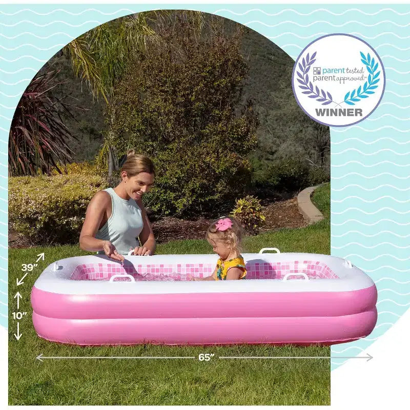 Piscine gonflable pour enfants 2-en-1 Jasonwell 65x39x10, fond rembourré doux, poignées, vidange, piscine rectangulaire peu profonde pour enfants de 2 ans et plus, rose ludique