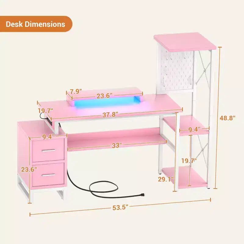 Bureau d'ordinateur Besiost avec prises électriques et tiroirs en tissu