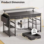KOLIGEY Bureau de Gaming Noir avec Lumières LED et Prises de Courant, Bureau d'Ordinateur de 55 Pouces avec 3 Tiroirs et Support de Moniteur Réglable
