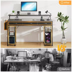 KOLIGEY Bureau de Gaming Noir avec Lumières LED et Prises de Courant, Bureau d'Ordinateur de 55 Pouces avec 3 Tiroirs et Support de Moniteur Réglable