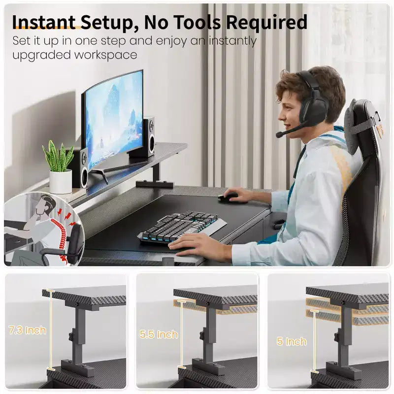 KOLIGEY Bureau de Gaming Noir avec Lumières LED et Prises de Courant, Bureau d'Ordinateur de 55 Pouces avec 3 Tiroirs et Support de Moniteur Réglable