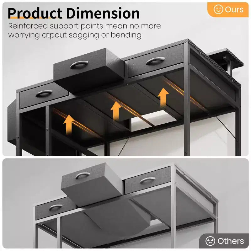KOLIGEY Bureau de Gaming Noir avec Lumières LED et Prises de Courant, Bureau d'Ordinateur de 55 Pouces avec 3 Tiroirs et Support de Moniteur Réglable