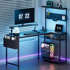Bureau de jeu KOLIGEY, Bureau d'ordinateur en L avec lumières LED, support d'écran, prises de courant et tiroir de rangement