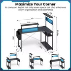 Bureau de jeu KOLIGEY, Bureau d'ordinateur en L avec lumières LED, support d'écran, prises de courant et tiroir de rangement