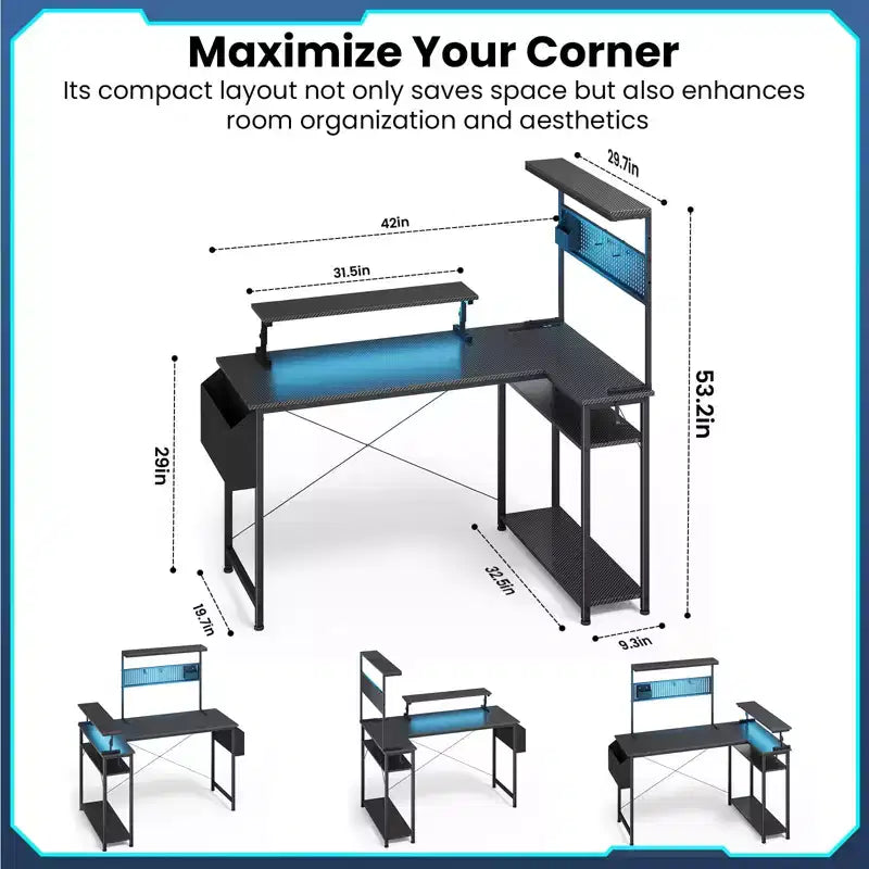 Bureau de jeu KOLIGEY, Bureau d'ordinateur en L avec lumières LED, support d'écran, prises de courant et tiroir de rangement