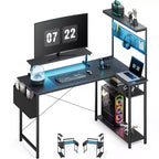 Bureau de jeu KOLIGEY, Bureau d'ordinateur en L avec lumières LED, support d'écran, prises de courant et tiroir de rangement