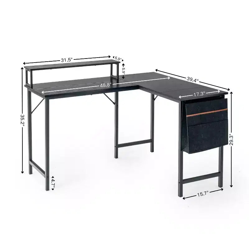 Bureau d'angle réversible FurnitureR avec lumières LED, table d'écriture/de jeu de 123,9 cm avec étagère, bureau d'ordinateur d'angle pour bureau à domicile avec sac de rangement