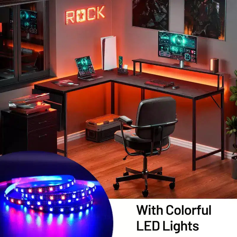Bureau d'angle réversible FurnitureR avec lumières LED, table d'écriture/de jeu de 123,9 cm avec étagère, bureau d'ordinateur d'angle pour bureau à domicile avec sac de rangement