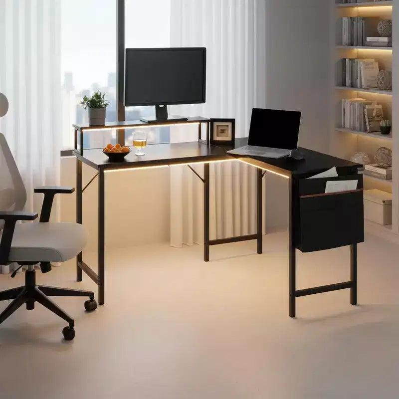 Bureau d'angle réversible FurnitureR avec lumières LED, table d'écriture/de jeu de 123,9 cm avec étagère, bureau d'ordinateur d'angle pour bureau à domicile avec sac de rangement