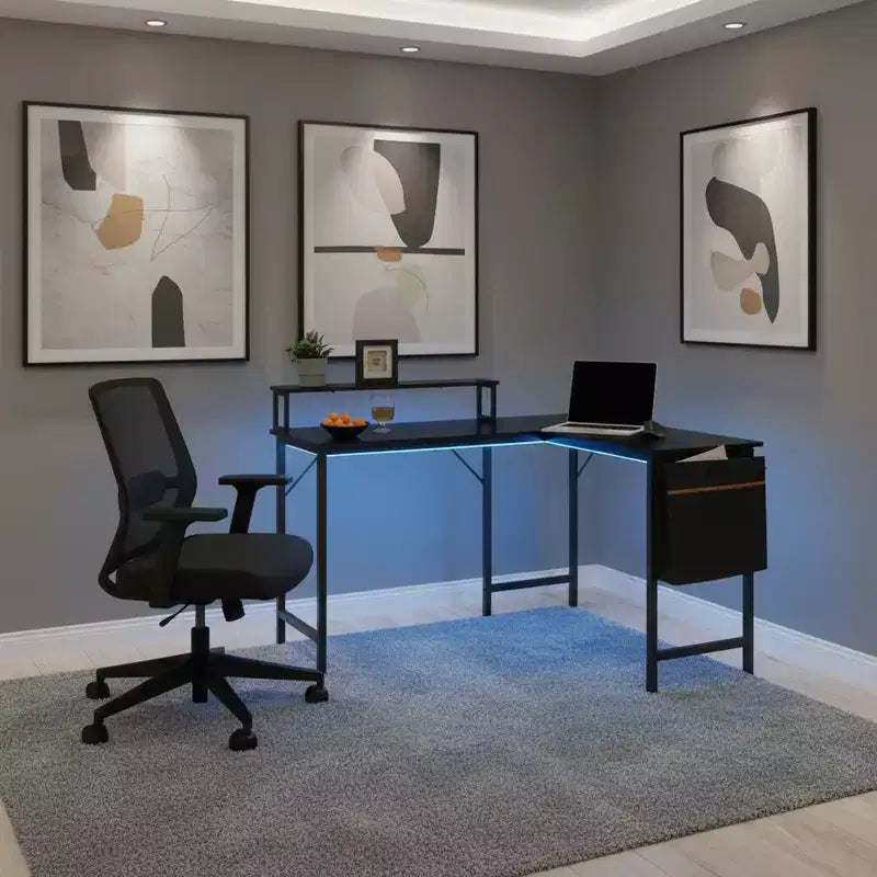 Bureau d'angle réversible FurnitureR avec lumières LED, table d'écriture/de jeu de 123,9 cm avec étagère, bureau d'ordinateur d'angle pour bureau à domicile avec sac de rangement