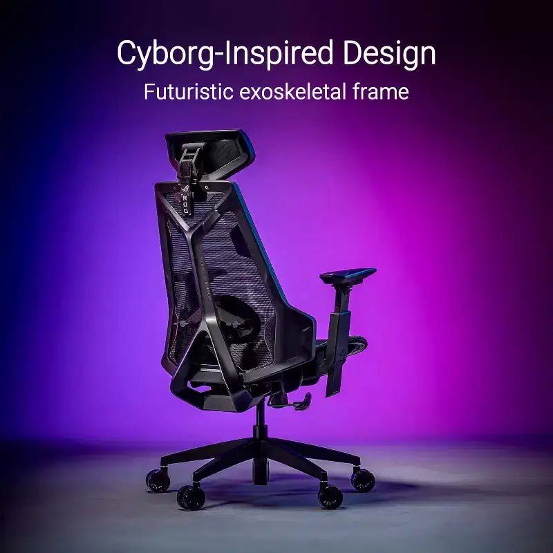 Chaise de jeu ergonomique ASUS ROG Destrier Core, esthétique cyborg futuriste, réglages polyvalents du siège, mode de support de bras pour le jeu mobile, panneau acoustique