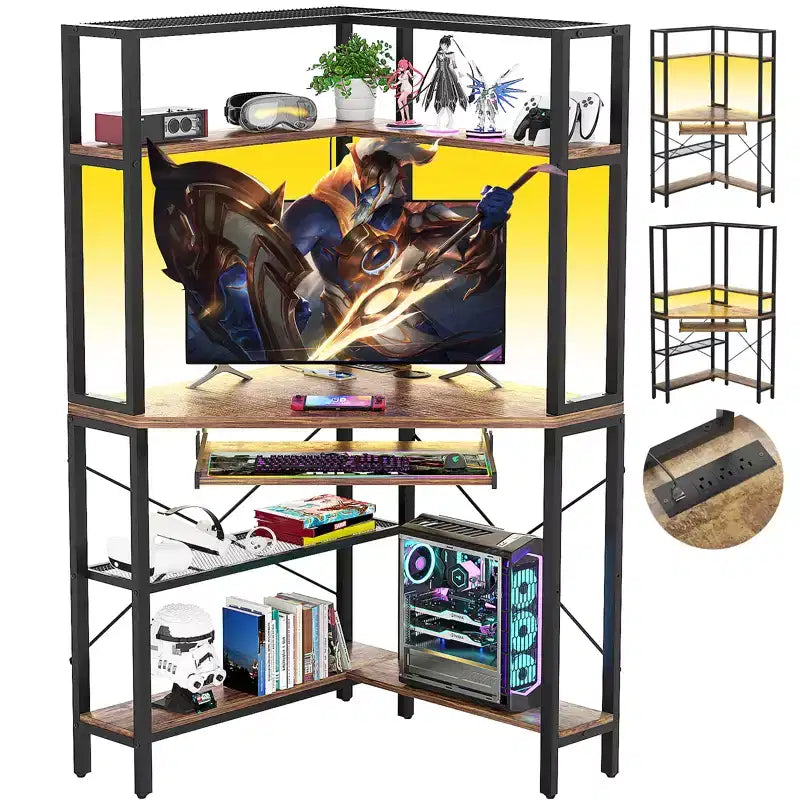Bureau d'angle informatique Besiost avec huche, bureau de jeu avec tiroir clavier pour bureau à domicile