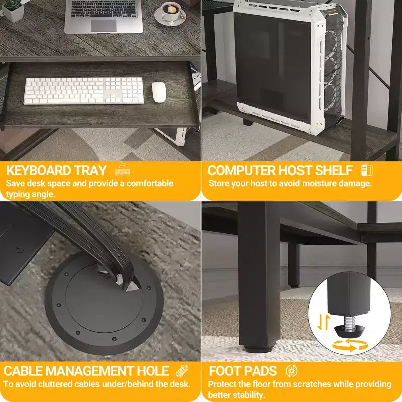 Bureau d'angle informatique Besiost avec huche, bureau de jeu avec tiroir clavier pour bureau à domicile