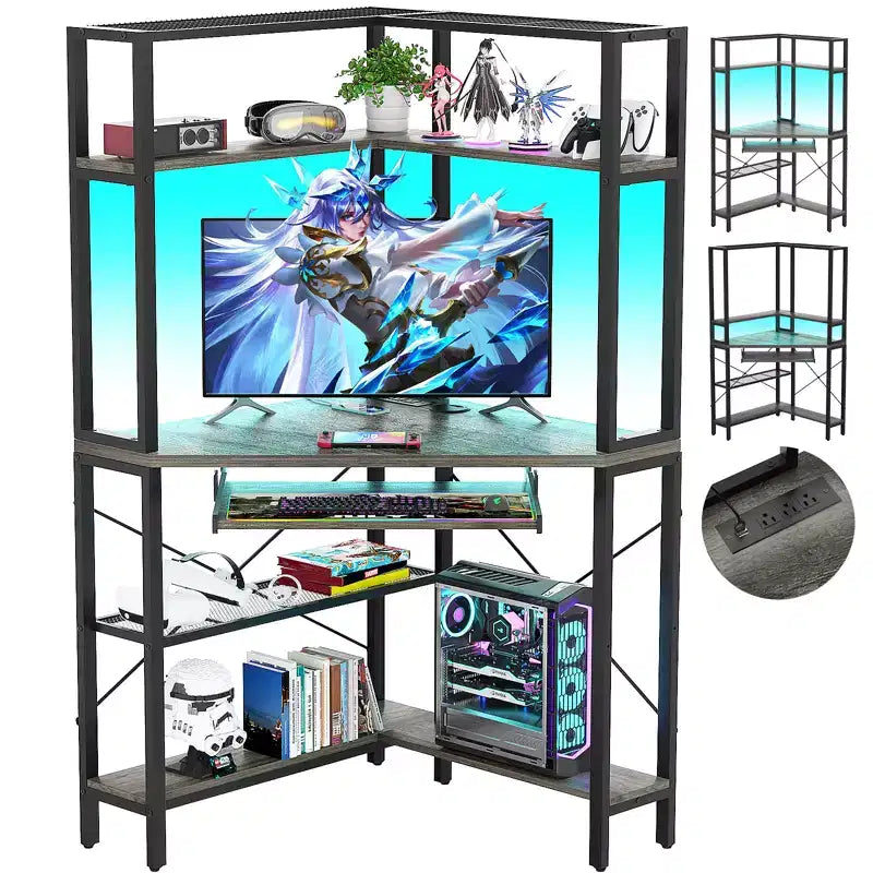 Bureau d'angle informatique Besiost avec huche, bureau de jeu avec tiroir clavier pour bureau à domicile
