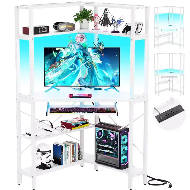 Bureau d'angle informatique Besiost avec huche, bureau de jeu avec tiroir clavier pour bureau à domicile