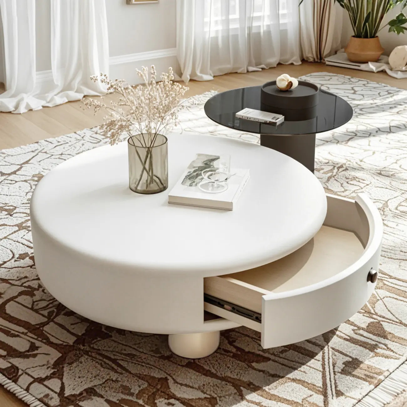 Table basse ronde élégante en bois crème avec tiroirs