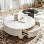 Table basse ronde élégante en bois crème avec tiroirs