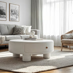 Table basse ronde élégante en bois crème avec tiroirs