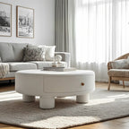 Table basse ronde élégante en bois crème avec tiroirs