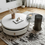 Table basse ronde élégante en bois crème avec tiroirs