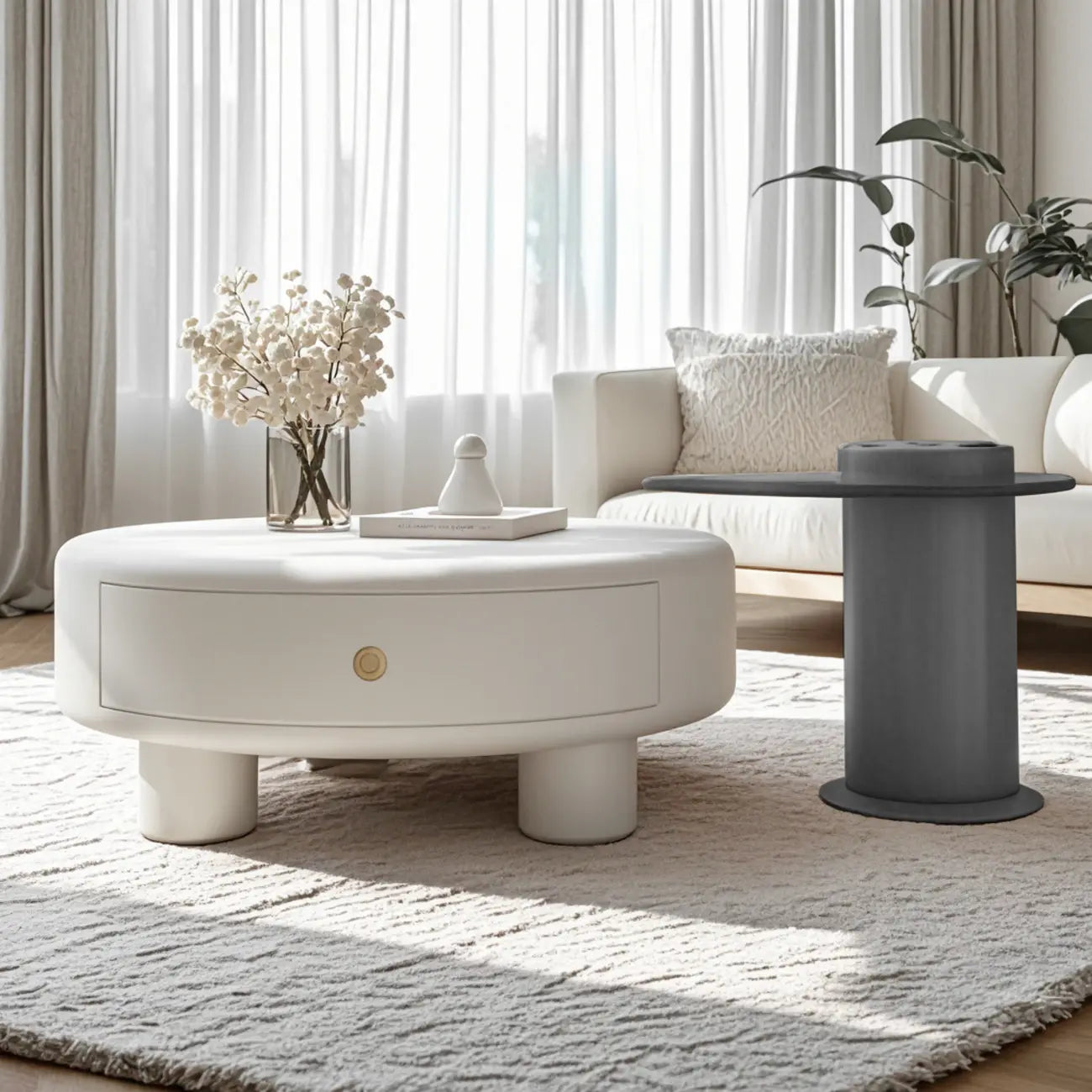 Table basse ronde élégante en bois crème avec tiroirs