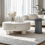 Table basse ronde élégante en bois crème avec tiroirs