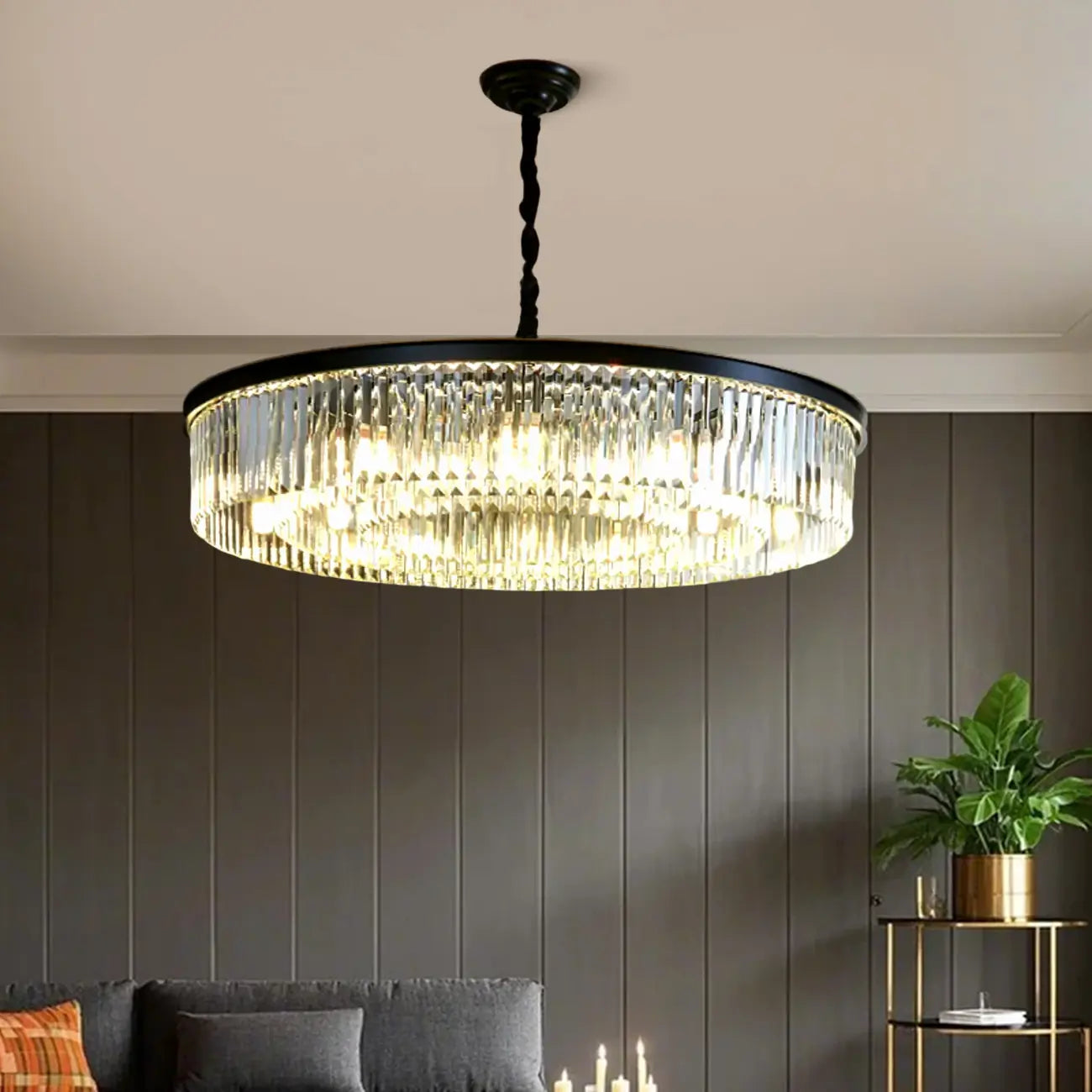 Lampadario moderno nero rotondo regolabile in cristallo