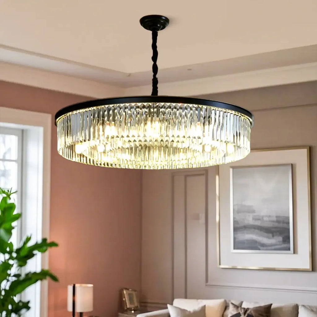 Lampadario moderno nero rotondo regolabile in cristallo