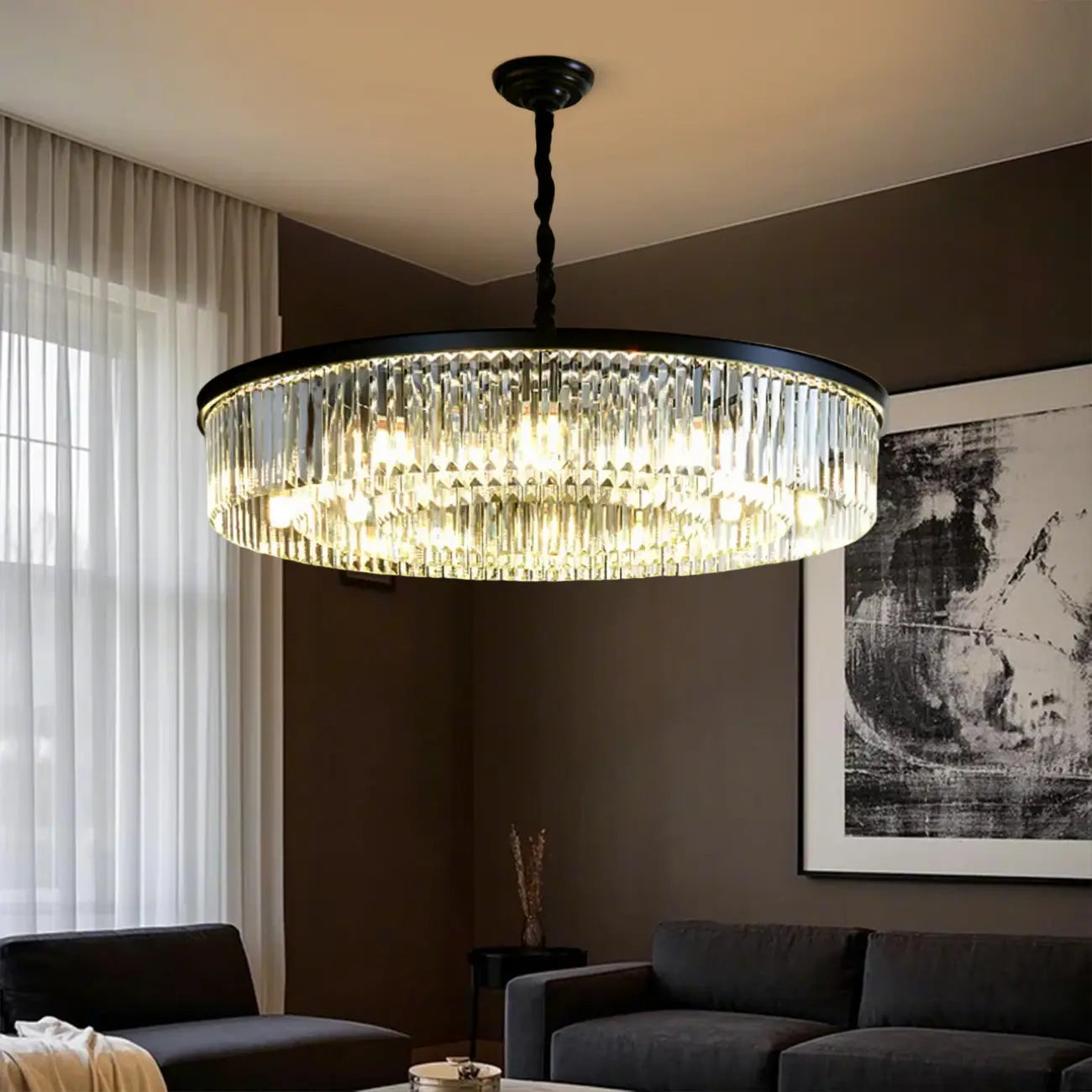 Lampadario moderno nero rotondo regolabile in cristallo