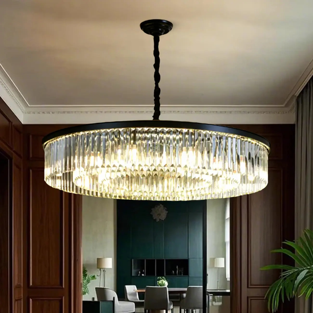 Lampadario moderno nero rotondo regolabile in cristallo