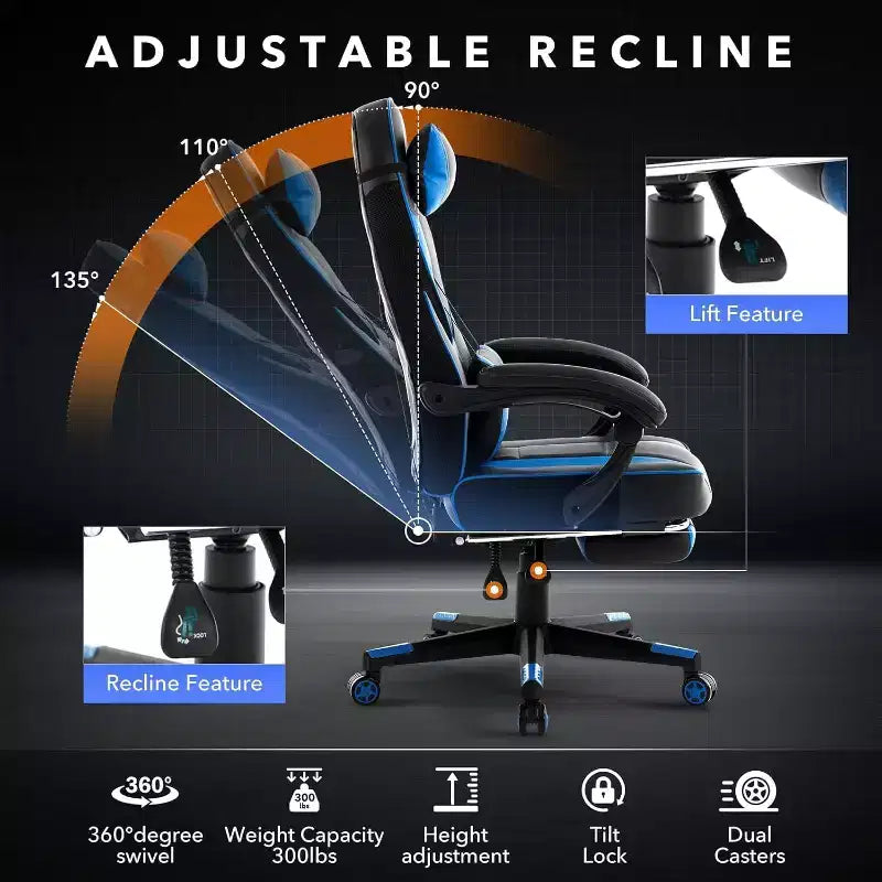 Sedia da Gaming Ergonomica, Sedia da Ufficio in PU con Schienale Alto, Poggiapiedi Retrattile, Regolabile in Altezza, Supporto Lombare e Poggiatesta Regolabili, Sedia Girevole da Ufficio