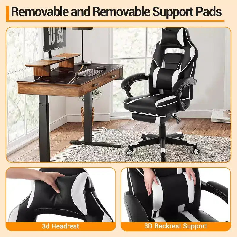 Sedia da Gaming Ergonomica, Sedia da Ufficio in PU con Schienale Alto, Poggiapiedi Retrattile, Regolabile in Altezza, Supporto Lombare e Poggiatesta Regolabili, Sedia Girevole da Ufficio