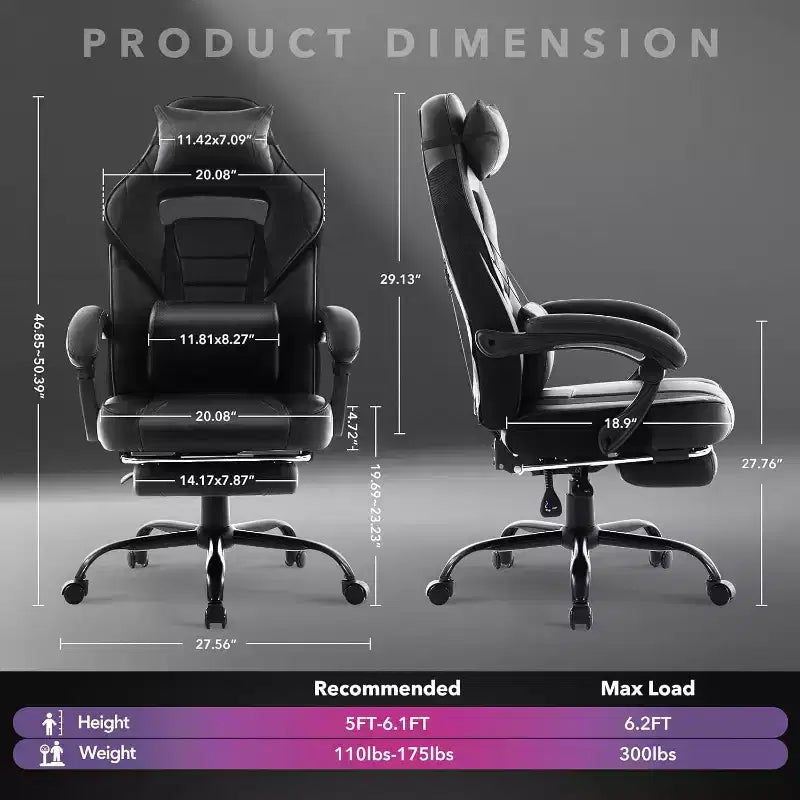 Sedia da Gaming Ergonomica, Sedia da Ufficio in PU con Schienale Alto, Poggiapiedi Retrattile, Regolabile in Altezza, Supporto Lombare e Poggiatesta Regolabili, Sedia Girevole da Ufficio