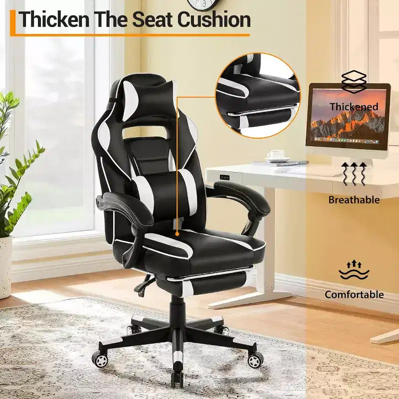 Sedia da Gaming Ergonomica, Sedia da Ufficio in PU con Schienale Alto, Poggiapiedi Retrattile, Regolabile in Altezza, Supporto Lombare e Poggiatesta Regolabili, Sedia Girevole da Ufficio