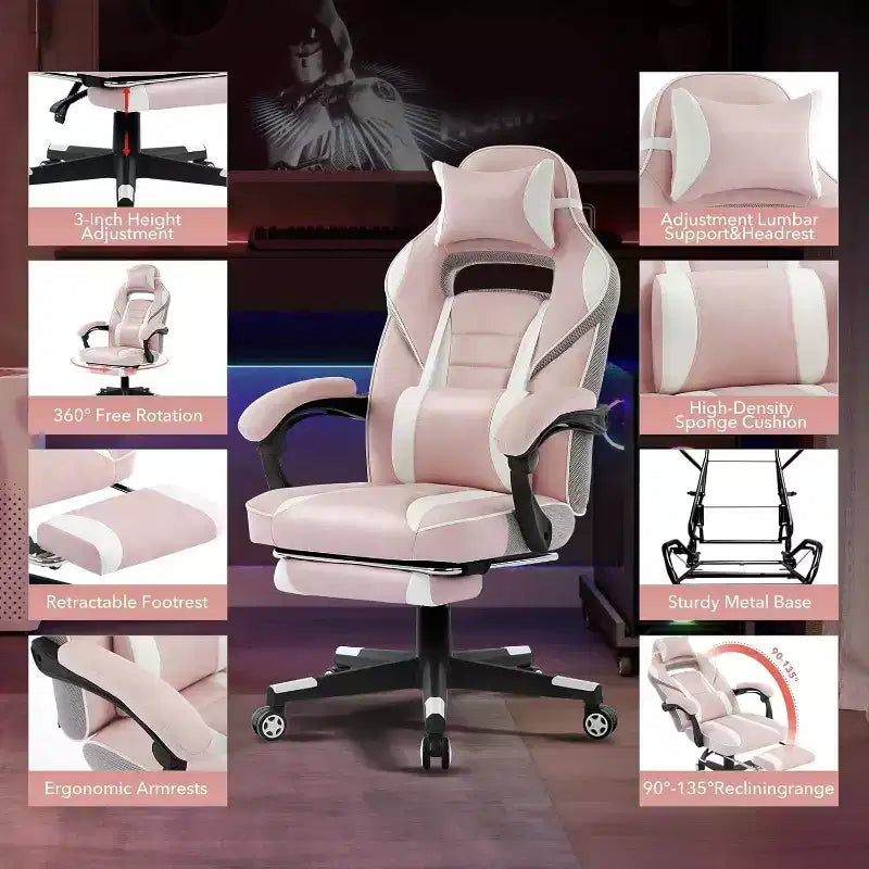 Sedia da Gaming Ergonomica, Sedia da Ufficio in PU con Schienale Alto, Poggiapiedi Retrattile, Regolabile in Altezza, Supporto Lombare e Poggiatesta Regolabili, Sedia Girevole da Ufficio