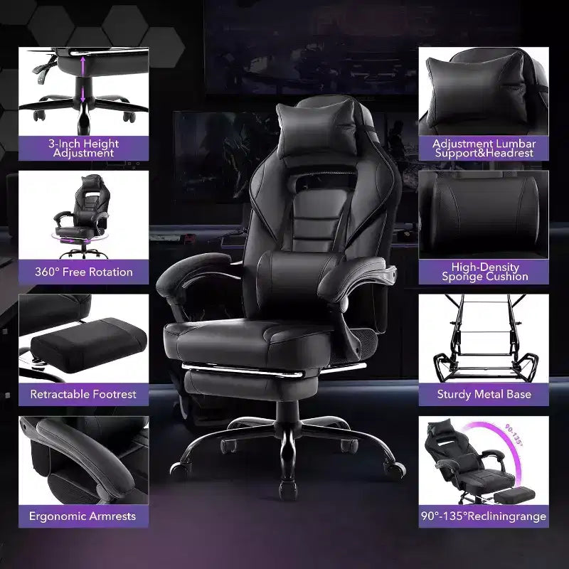 Sedia da Gaming Ergonomica, Sedia da Ufficio in PU con Schienale Alto, Poggiapiedi Retrattile, Regolabile in Altezza, Supporto Lombare e Poggiatesta Regolabili, Sedia Girevole da Ufficio