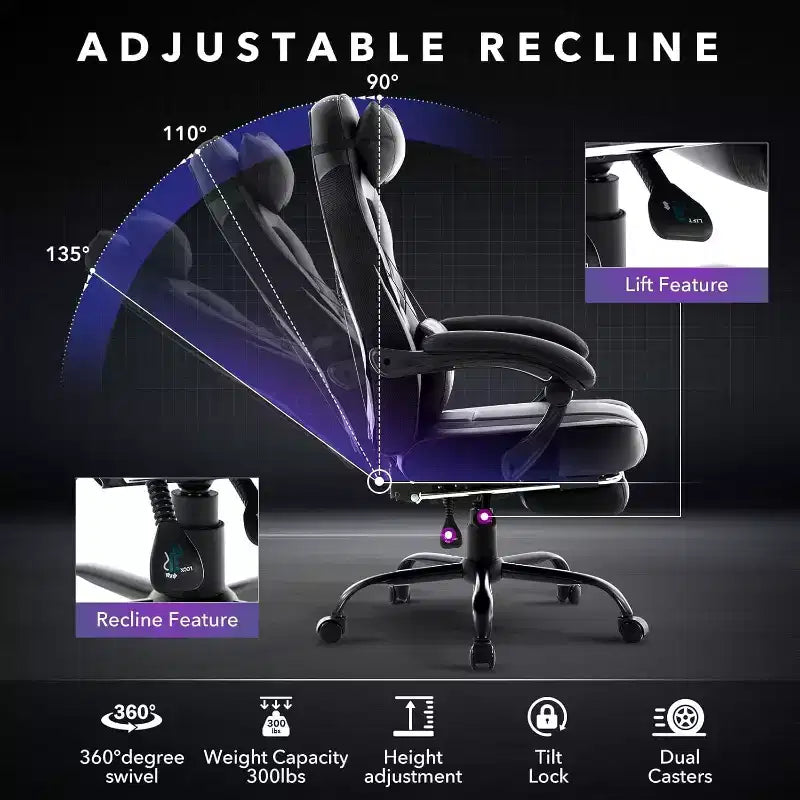 Sedia da Gaming Ergonomica, Sedia da Ufficio in PU con Schienale Alto, Poggiapiedi Retrattile, Regolabile in Altezza, Supporto Lombare e Poggiatesta Regolabili, Sedia Girevole da Ufficio