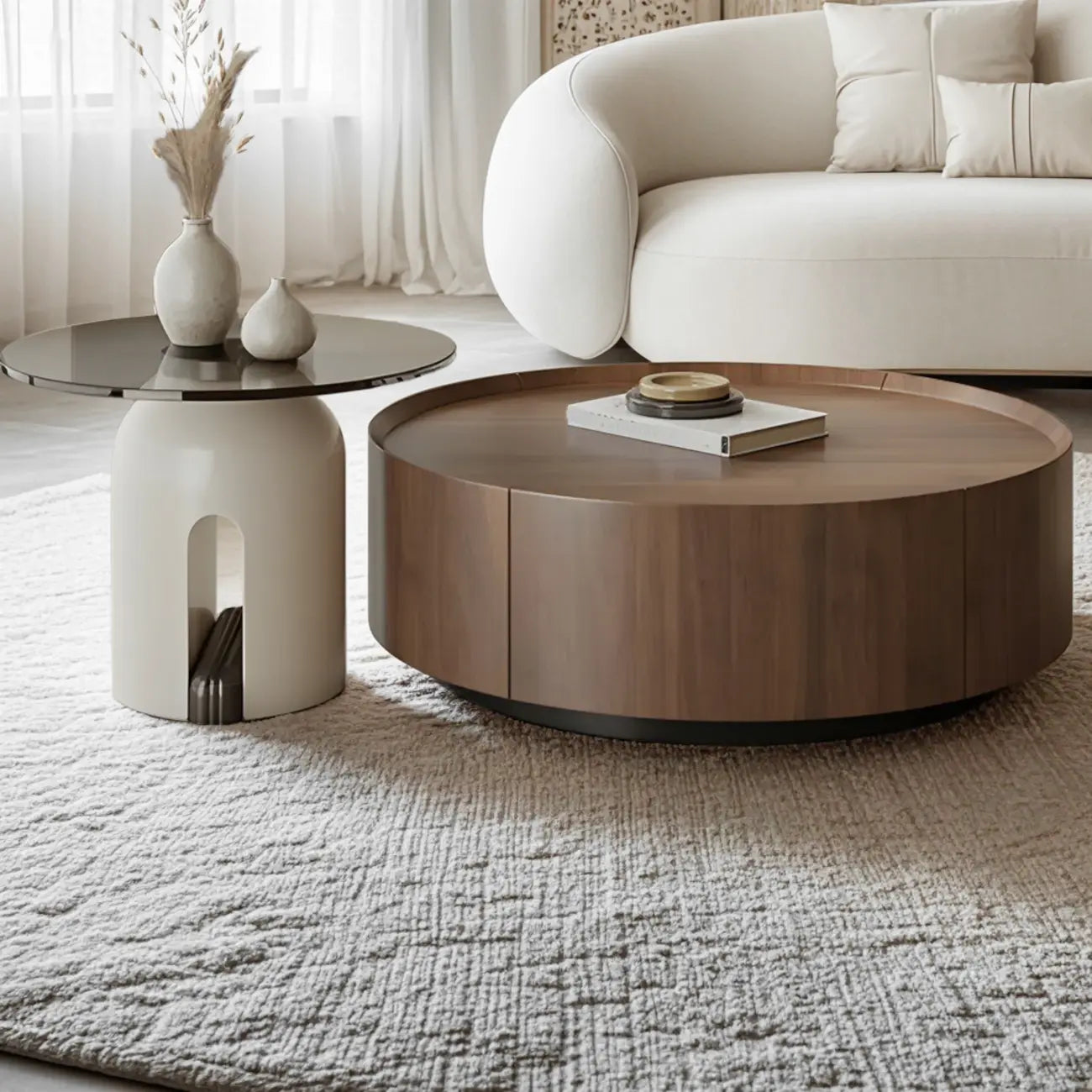 Table basse ronde moderne et élégante en bois marron avec tiroir