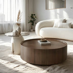 Table basse ronde moderne et élégante en bois marron avec tiroir