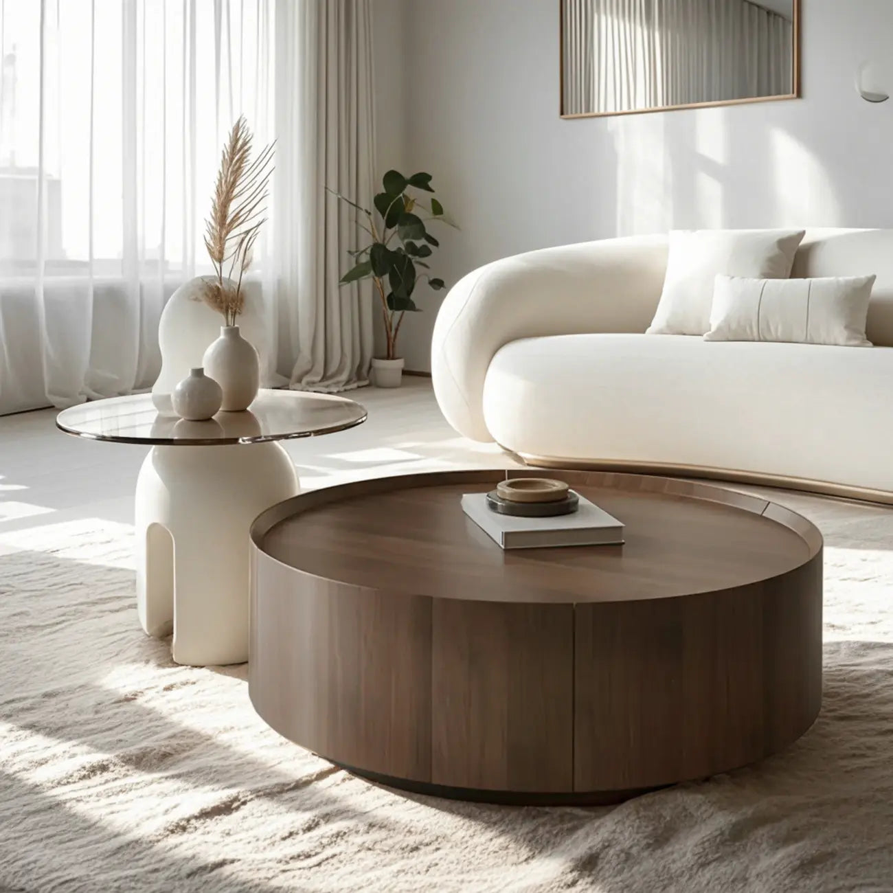 Table basse ronde moderne et élégante en bois marron avec tiroir