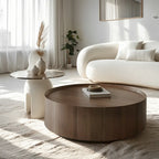 Table basse ronde moderne et élégante en bois marron avec tiroir