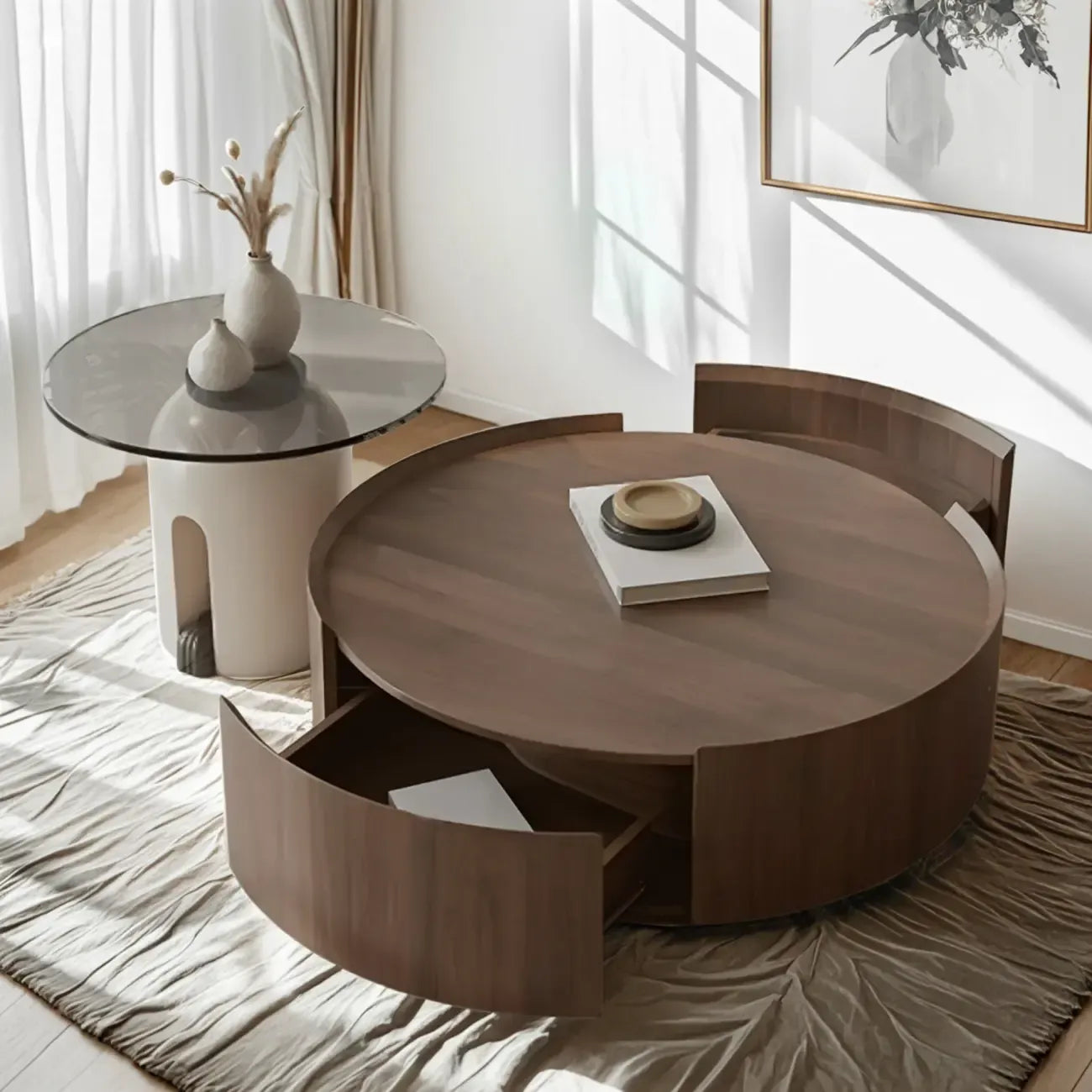 Table basse ronde moderne et élégante en bois marron avec tiroir