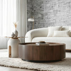 Table basse ronde moderne et élégante en bois marron avec tiroir