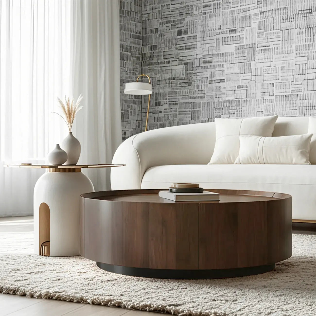 Table basse ronde moderne et élégante en bois marron avec tiroir