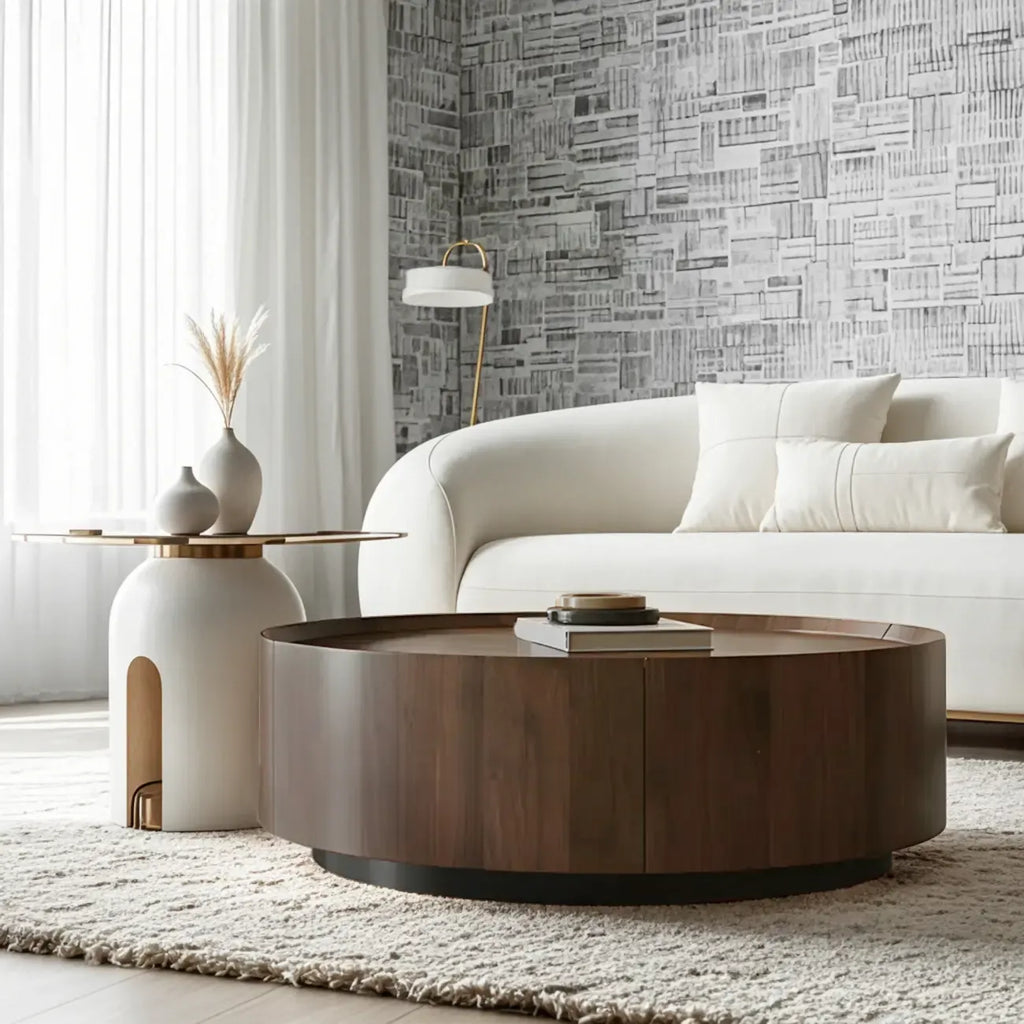 Table basse ronde moderne et élégante en bois marron avec tiroir
