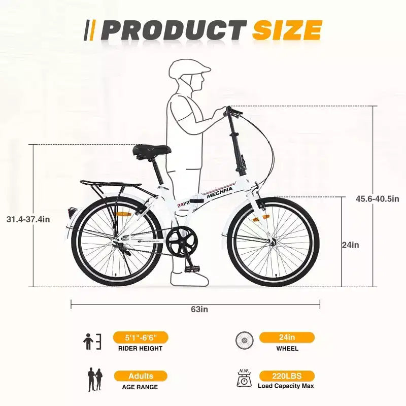 NAYSAYE Bicicletta Pieghevole da 24 Pollici per Adulti con Parafanghi, Telaio in Acciaio, Monovelocità, Bici da Città, Bianco Chiaro, 63*22.83*45.6